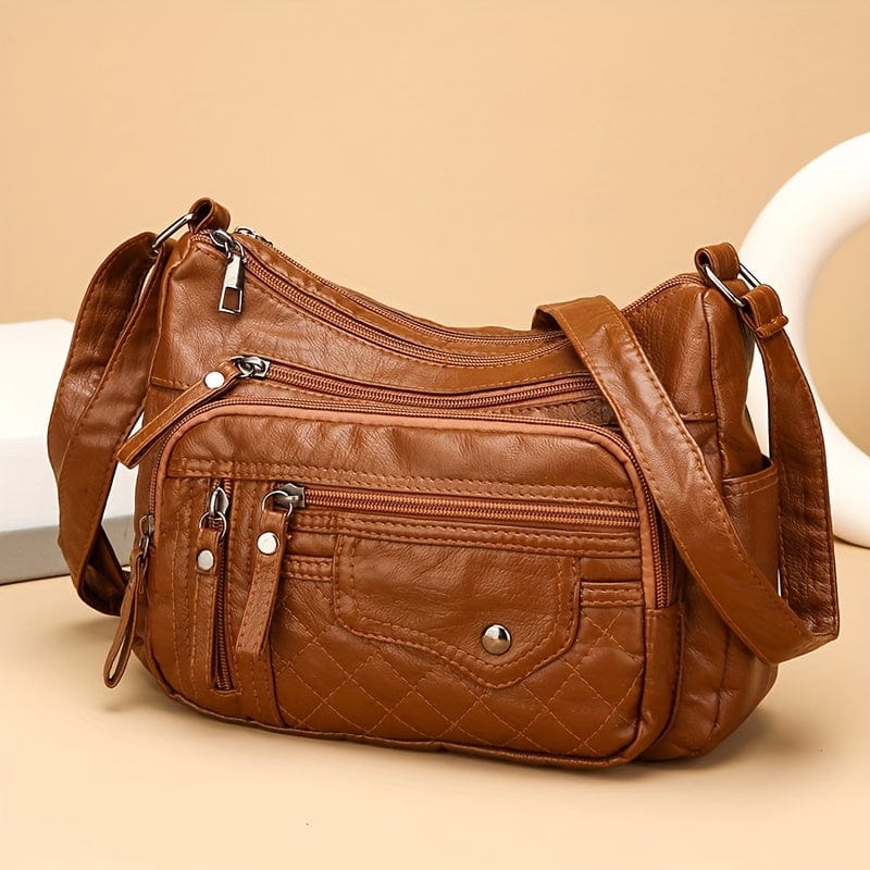 Spacious Multi-Pocket Vegan Leather Crossbody Bag - Chic Zipper Accents for Everyday
