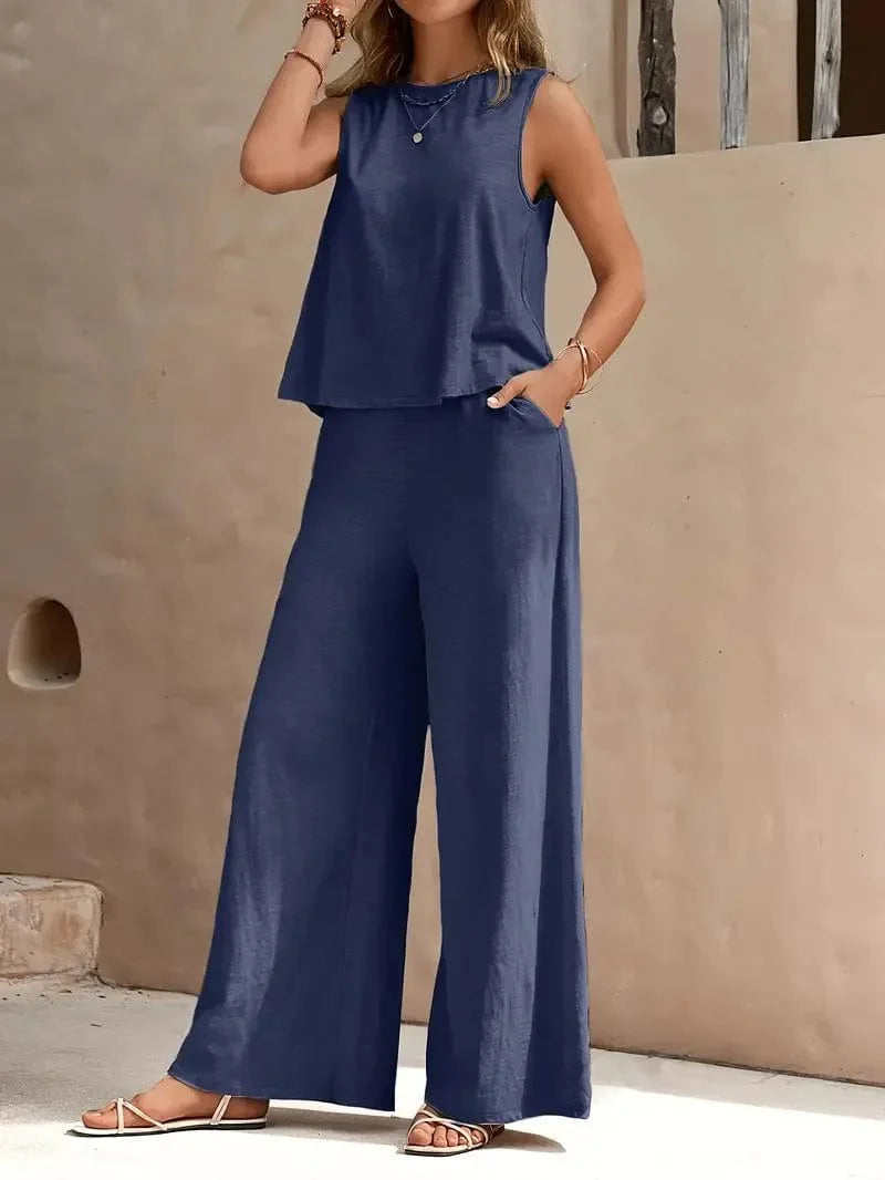 Sleeveless Crew Neck Tank Top & Wide Leg Pants, Women's Two-Piece Elegant Set Perfect for Spring & Summer