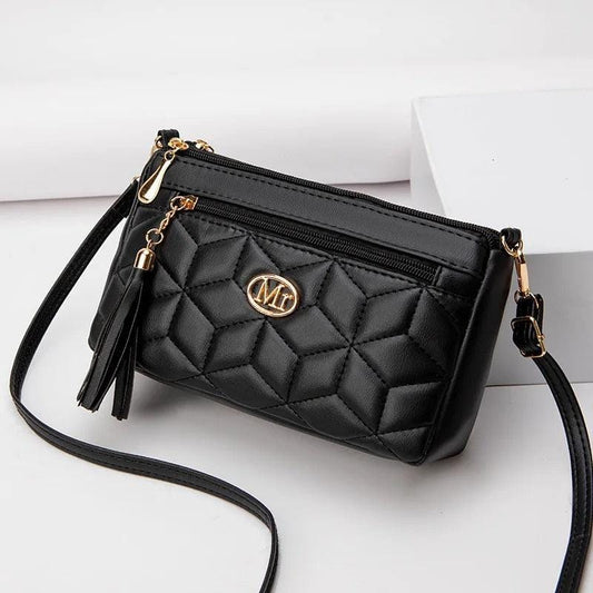 Double Zipper Crossbody Bag – PU Leather Diamond Lattice Shoulder Bag with