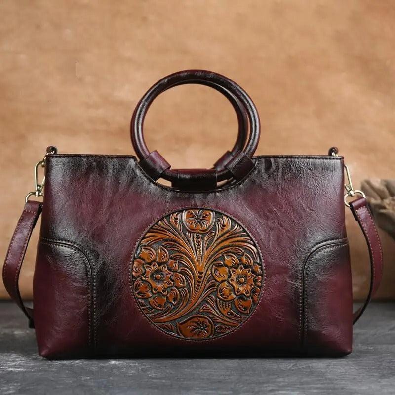 Vintage Luxe Leather Women's Handbag - Retro Embossed Shoulder & Messenge