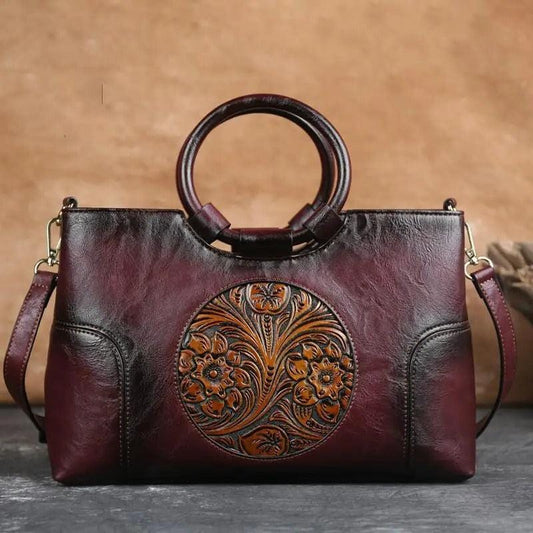 Vintage Luxe Leather Women's Handbag - Retro Embossed Shoulder & Messenge