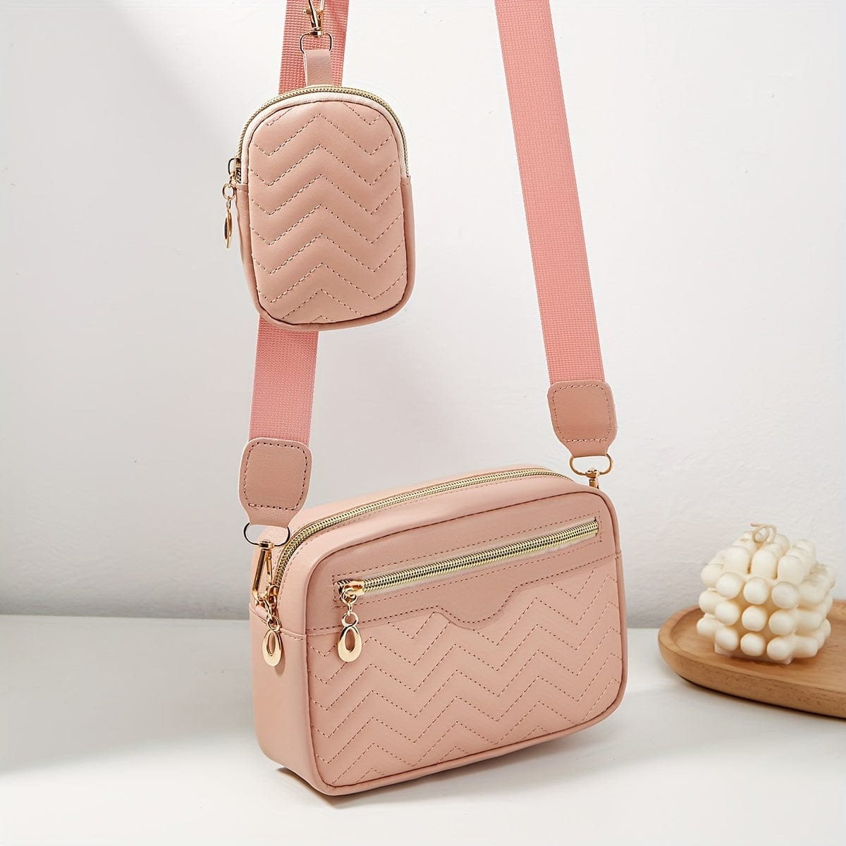 Solid Color Quilted Crossbody Bag - Small Square Shoulder Bag with Zipper Compartments
