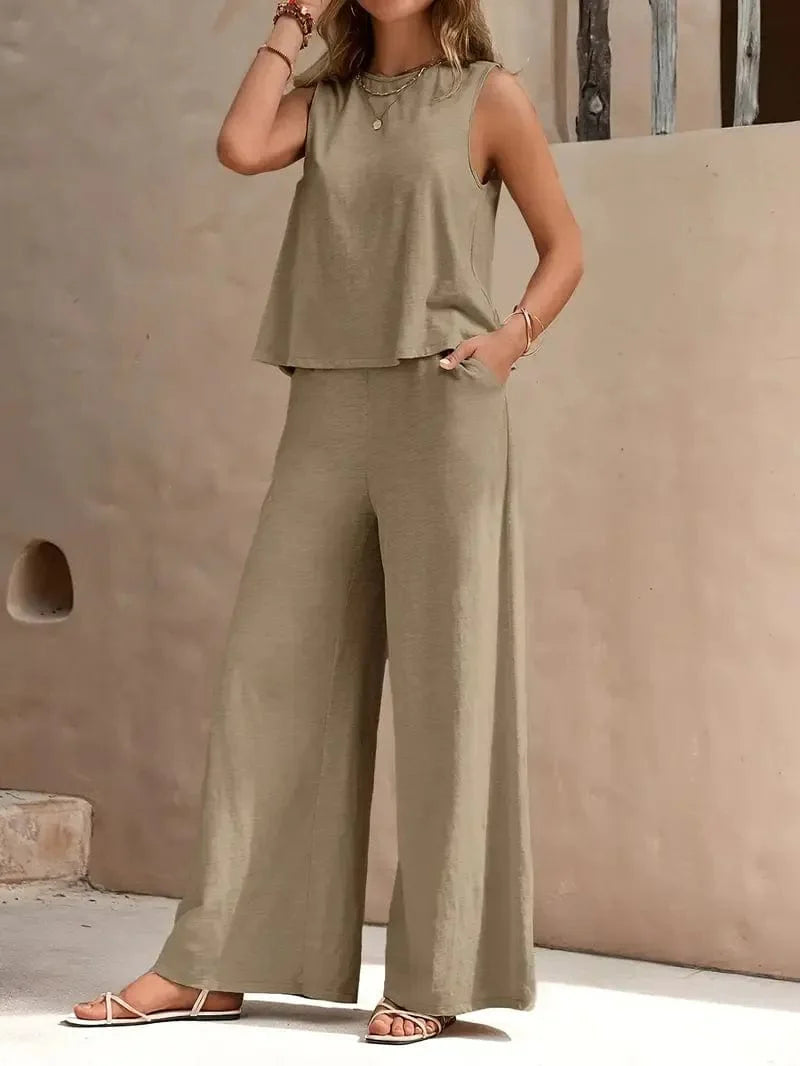 Sleeveless Crew Neck Tank Top & Wide Leg Pants, Women's Two-Piece Elegant Set Perfect for Spring & Summer
