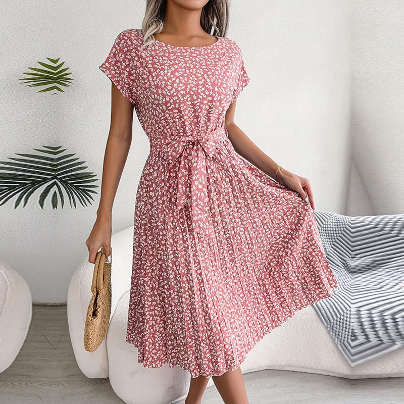 Chic Floral Pleated A-Line Long Dress