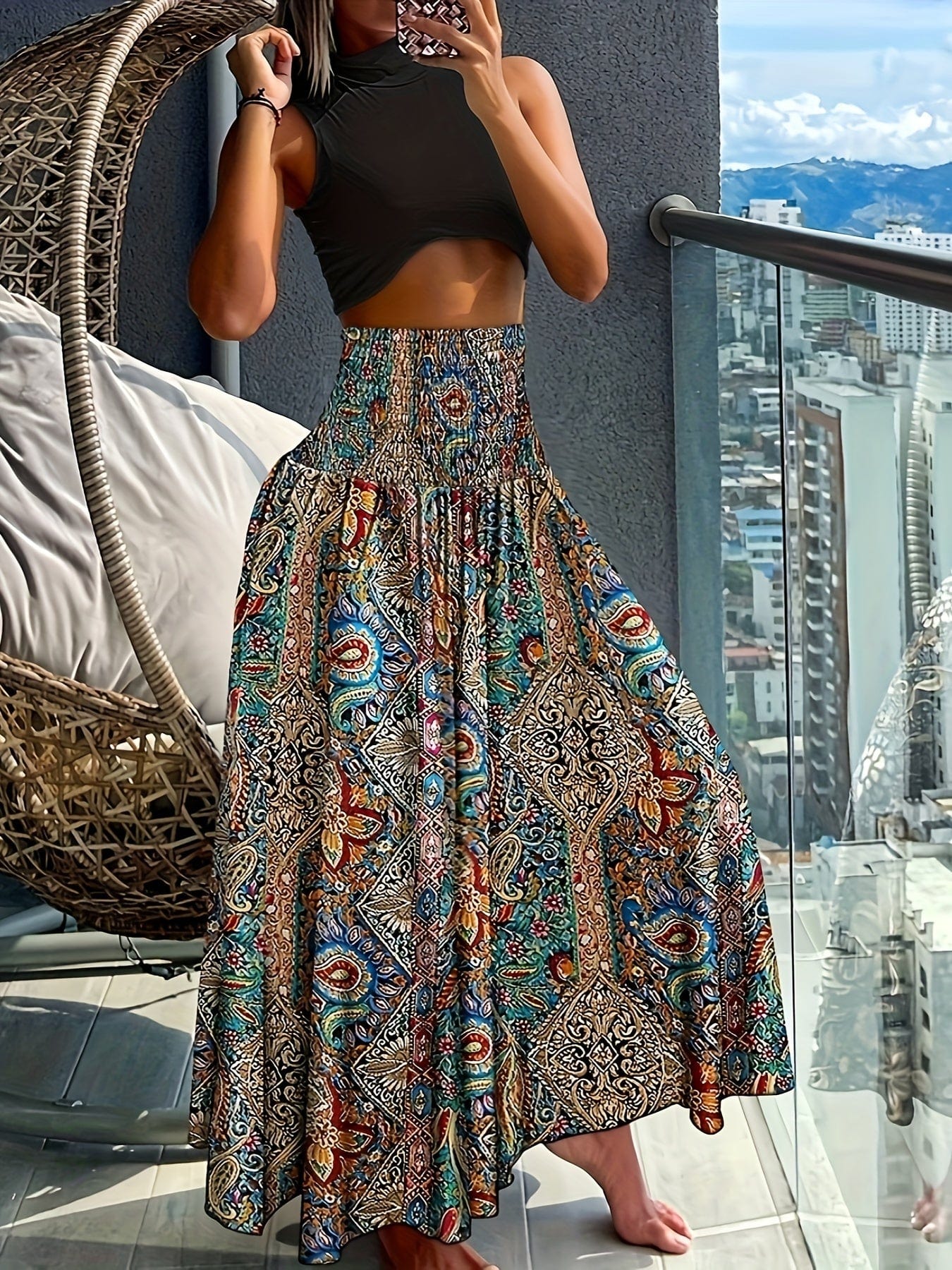 Bohemian Paisley Print High-Waisted A-Line Skirt