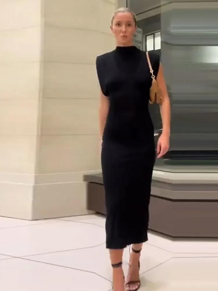 Elegant Women's Black Split Sleeveless Bodycon Dress