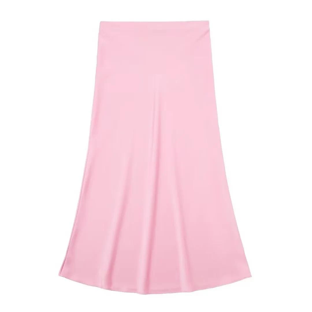 Casual Long Skirt Elastic High Waist A-Line Satin Skirt for Spring, Streetwear Chic