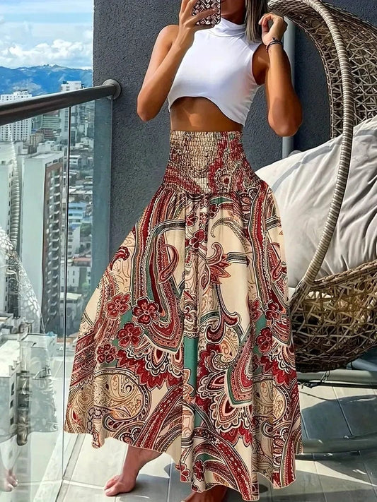 Bohemian Paisley Print High-Waisted A-Line Skirt