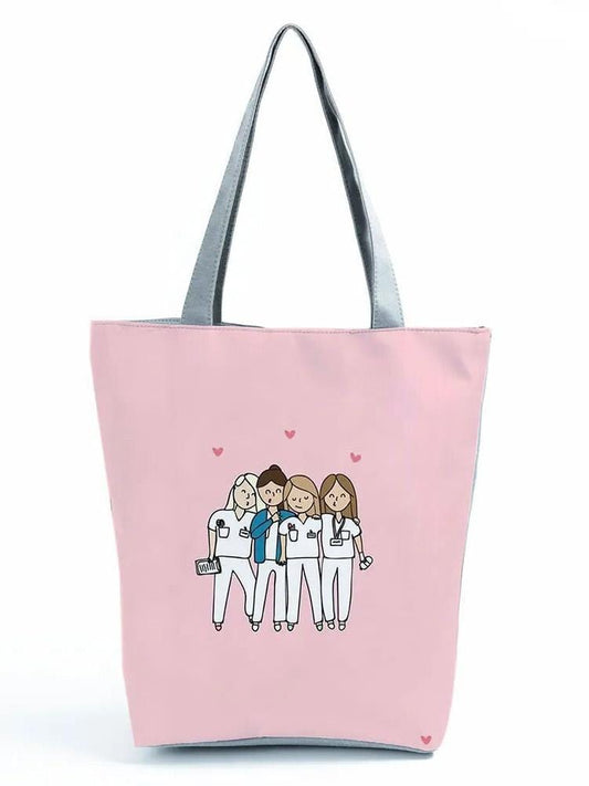 CartoonNurse Ladies Printed Handbag – Foldable High Capacity Eco Reusable Shoulder Bag for Travel & Shopping