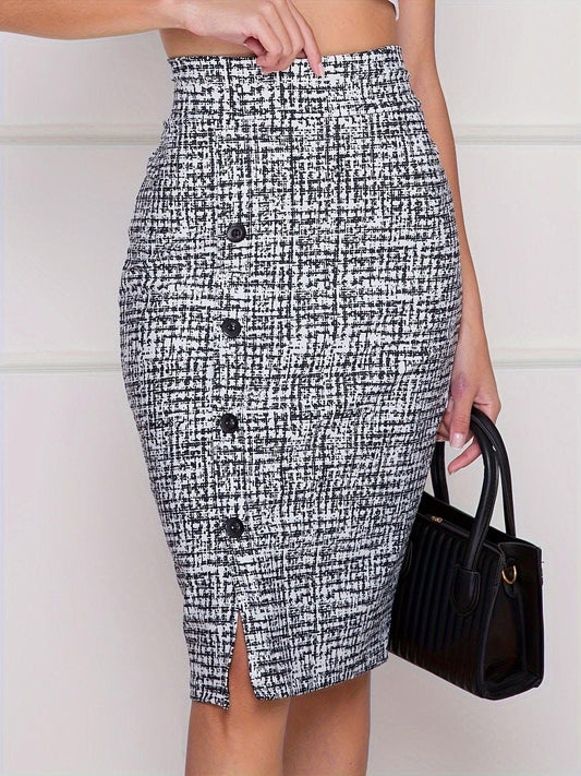 Chic High-Waist Pencil Skirt with Button Detail and Split Hem Flattering Fit for Spring & Summer, Premium Women's Fashion