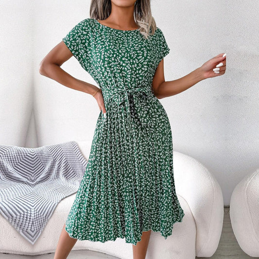 Chic Floral Pleated A-Line Long Dress