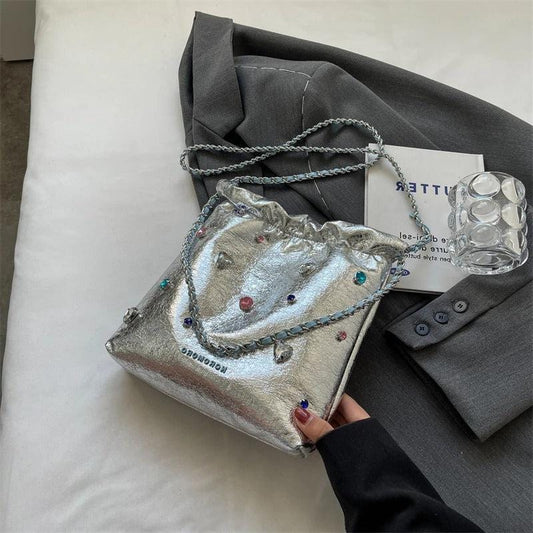 LEFTSIDE Diamonds Design Silver Leather Crossbody Bag for Women – 2023 Luxury