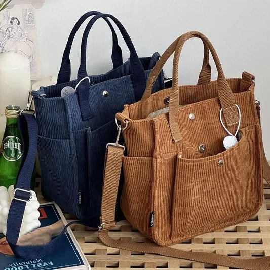 Large Corduroy Women's Shoulder Bag – Canvas Tote & Messenger Crossbody Bag for Students & Casual Wea