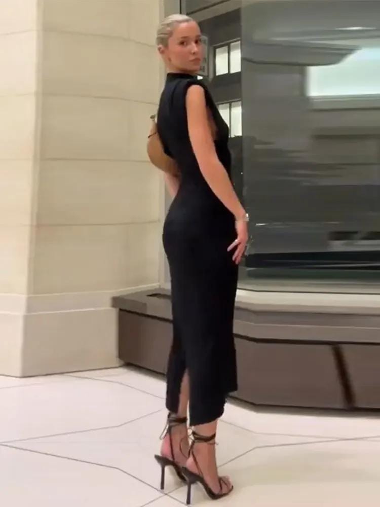 Elegant Women's Black Split Sleeveless Bodycon Dress