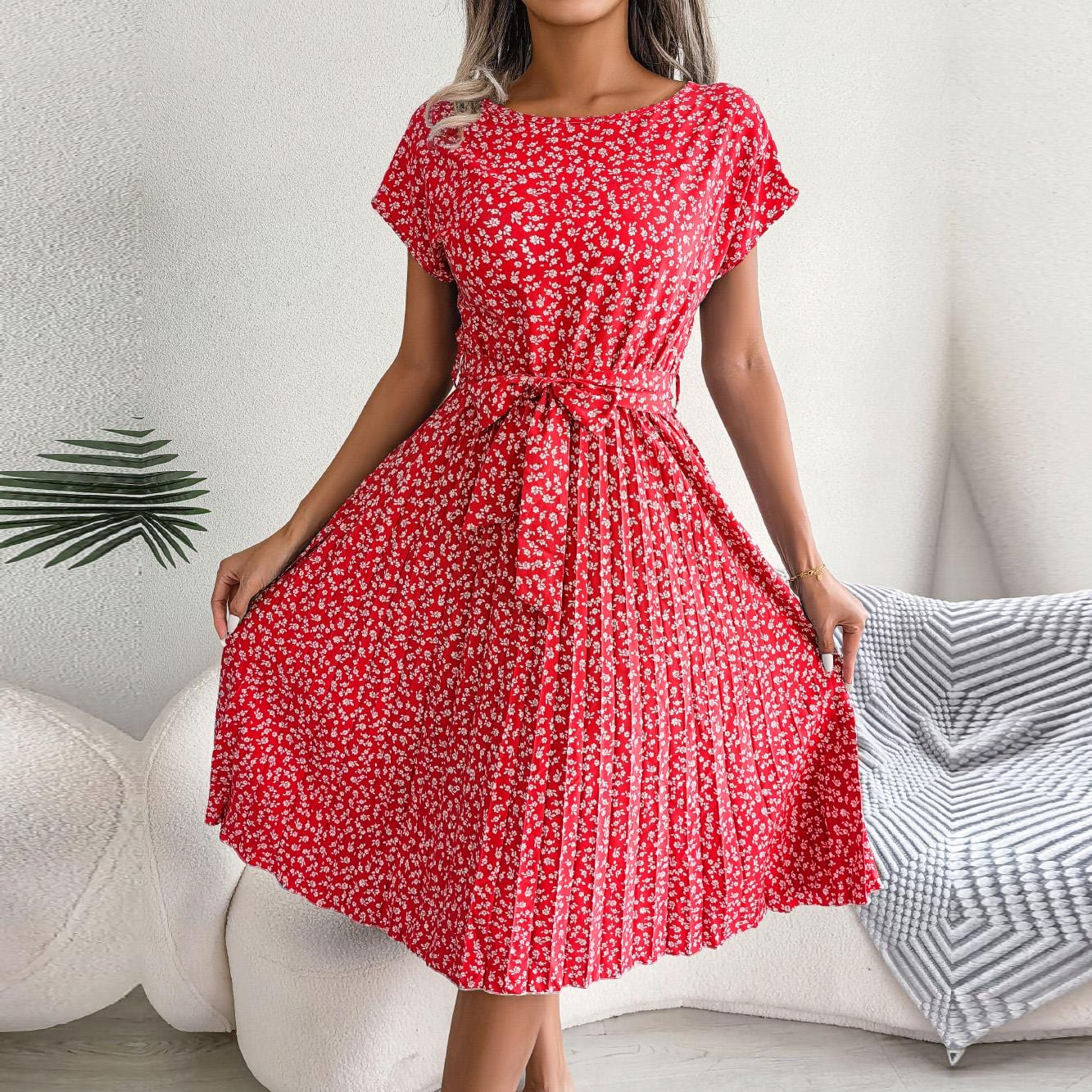 Chic Floral Pleated A-Line Long Dress