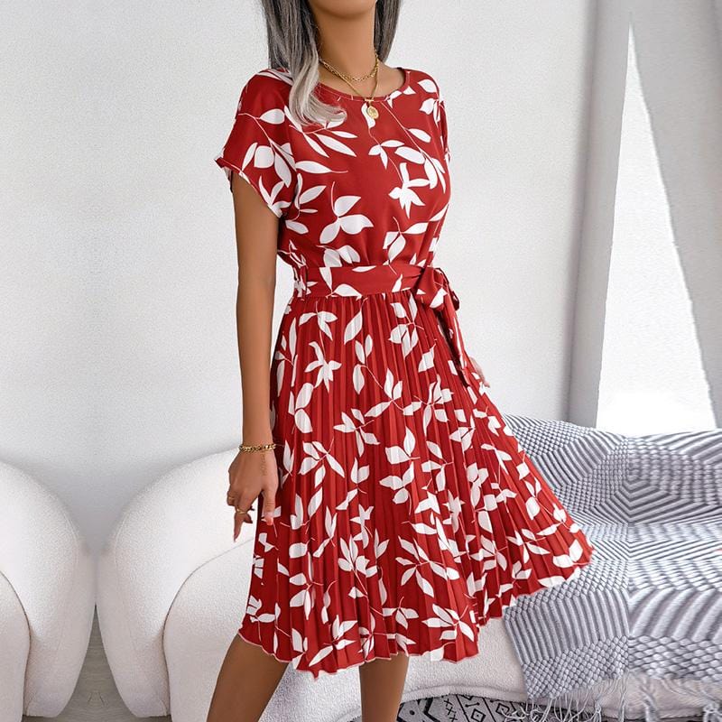 Chic Floral Pleated A-Line Long Dress