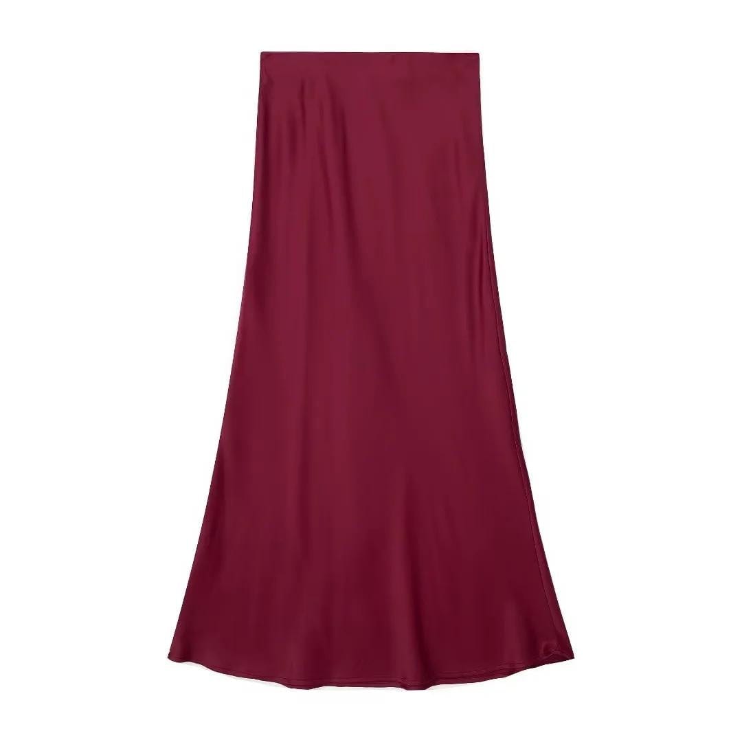 Casual Long Skirt Elastic High Waist A-Line Satin Skirt for Spring, Streetwear Chic