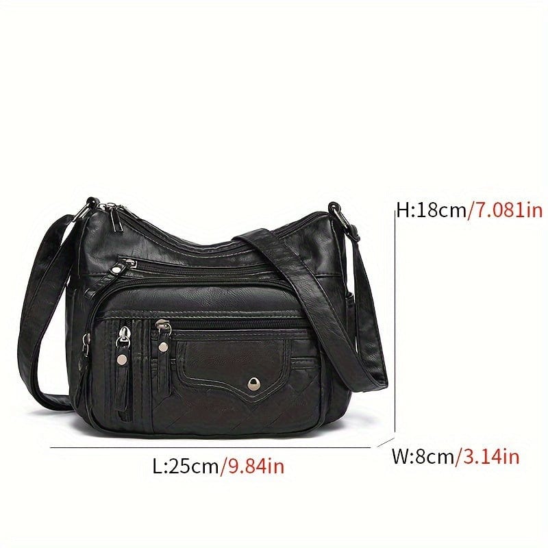 Spacious Multi-Pocket Vegan Leather Crossbody Bag - Chic Zipper Accents for Everyday