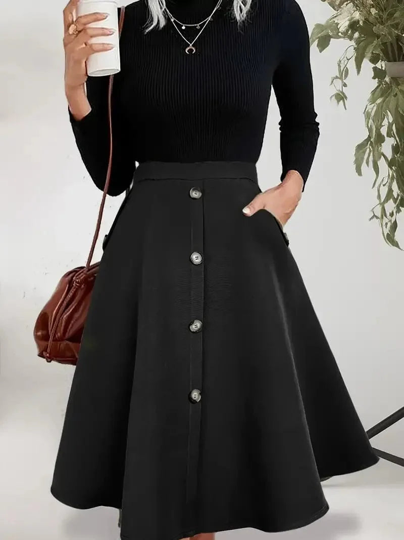 High-Waisted Skirt with Side Pockets, Durable and Easy-Care Design for Timeless Spring/Summer Style