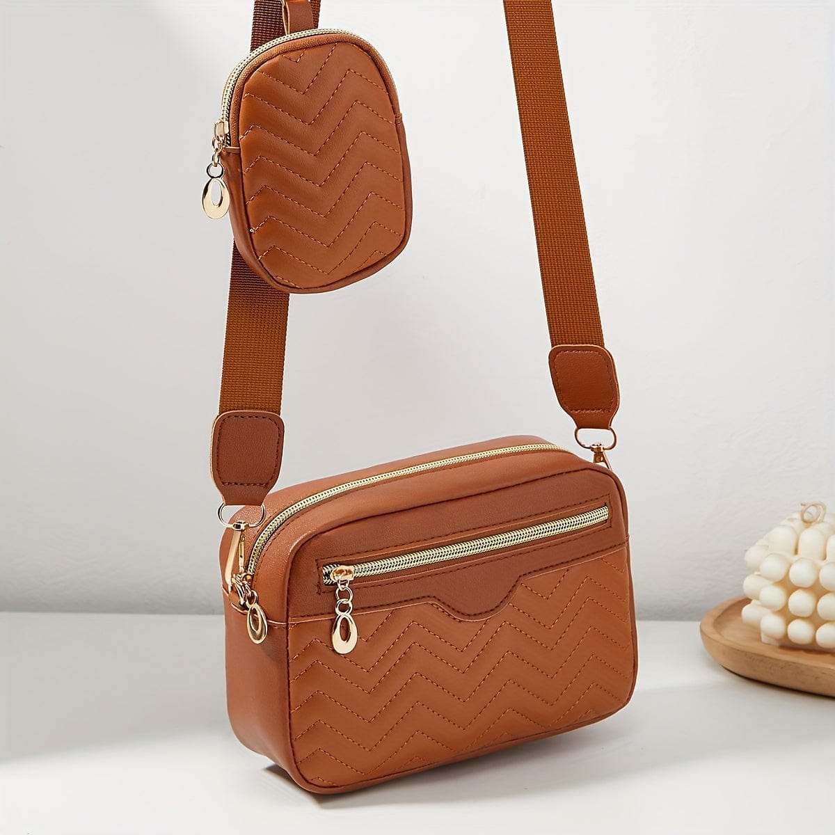 Solid Color Quilted Crossbody Bag - Small Square Shoulder Bag with Zipper Compartments