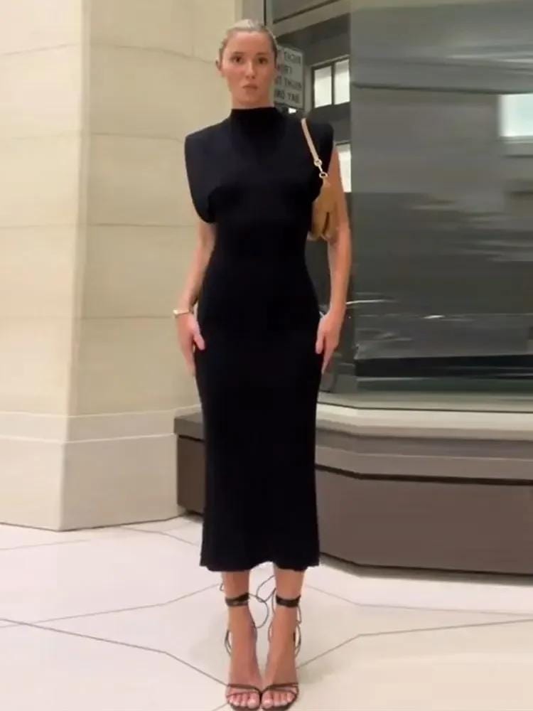 Elegant Women's Black Split Sleeveless Bodycon Dress