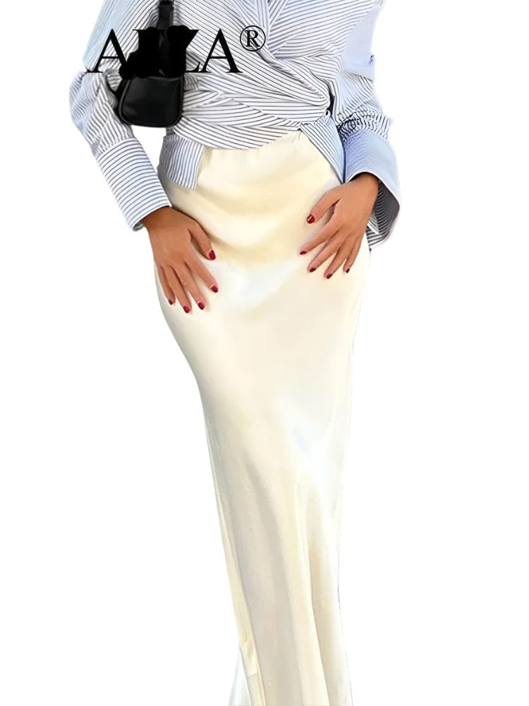 Casual Long Skirt Elastic High Waist A-Line Satin Skirt for Spring, Streetwear Chic