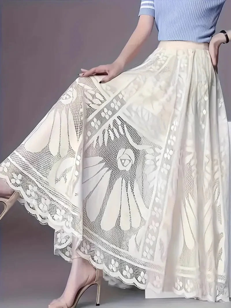 Guipure Lace High-Waisted Maxi Skirt Flowing A-Line Design for Chic Spring & Summer Elegance