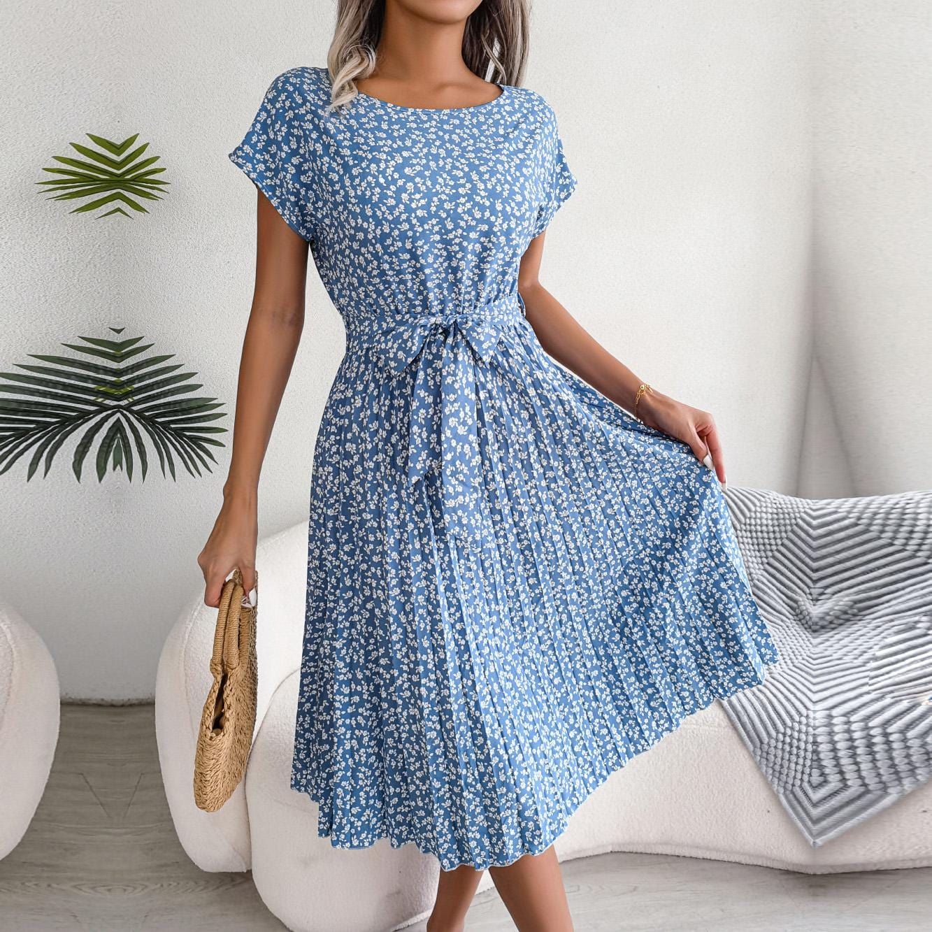 Chic Floral Pleated A-Line Long Dress