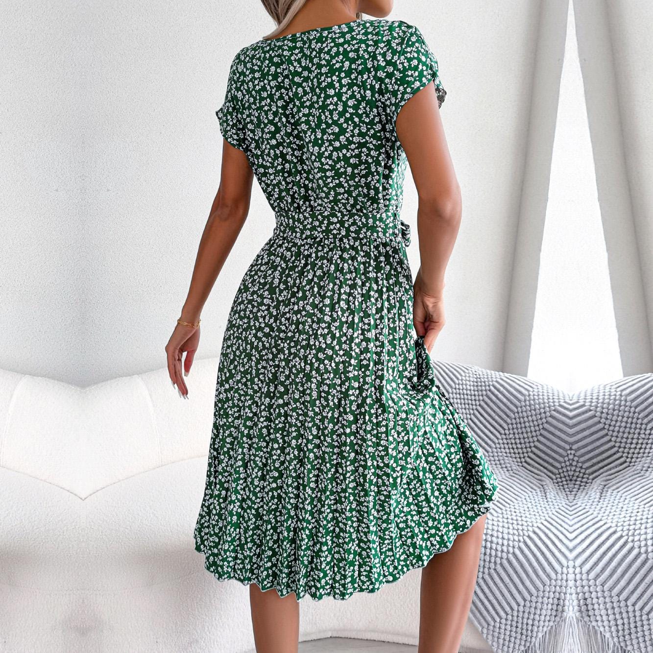 Chic Floral Pleated A-Line Long Dress