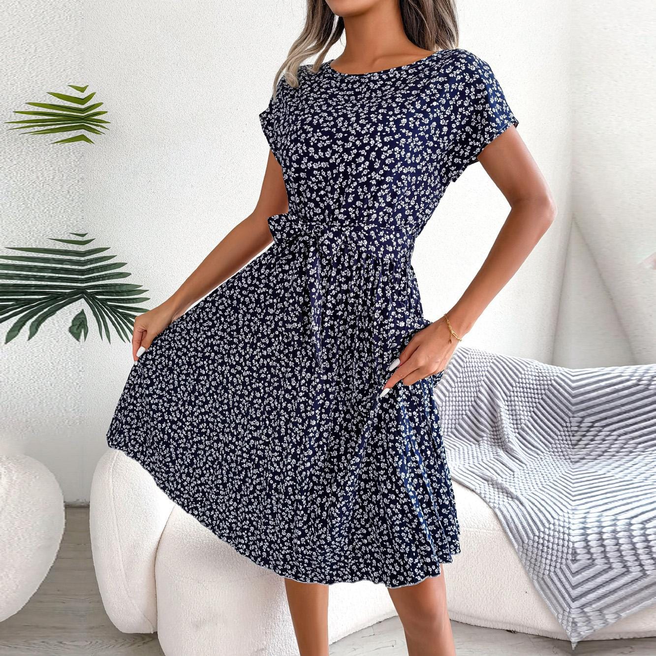Chic Floral Pleated A-Line Long Dress