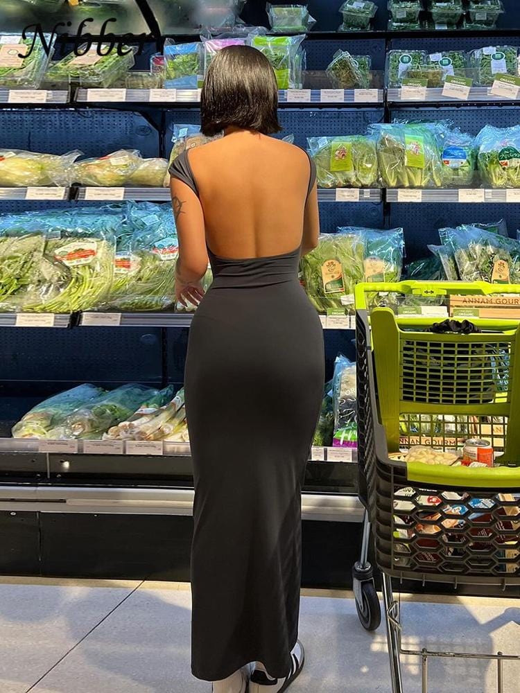Elegant Solid Backless Maxi Dress