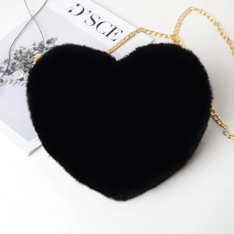 Cute Heart-Shaped Faux Fur Crossbody Bag – Plush Chain Shoulder Handbag for Women,