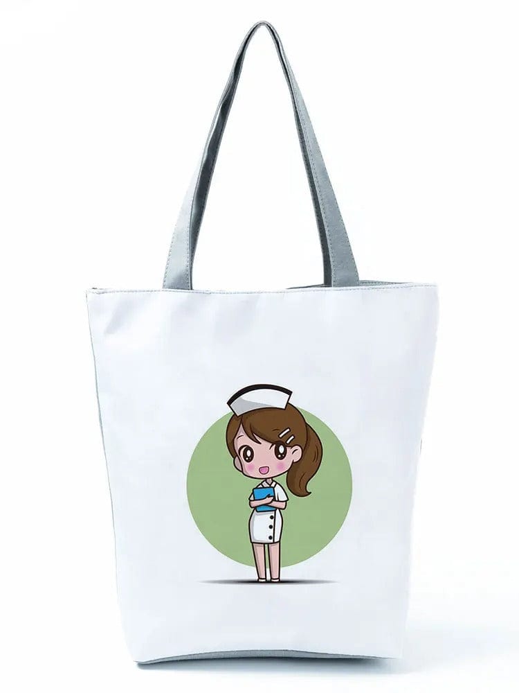 CartoonNurse Ladies Printed Handbag – Foldable High Capacity Eco Reusable Shoulder Bag for Travel & Shopping