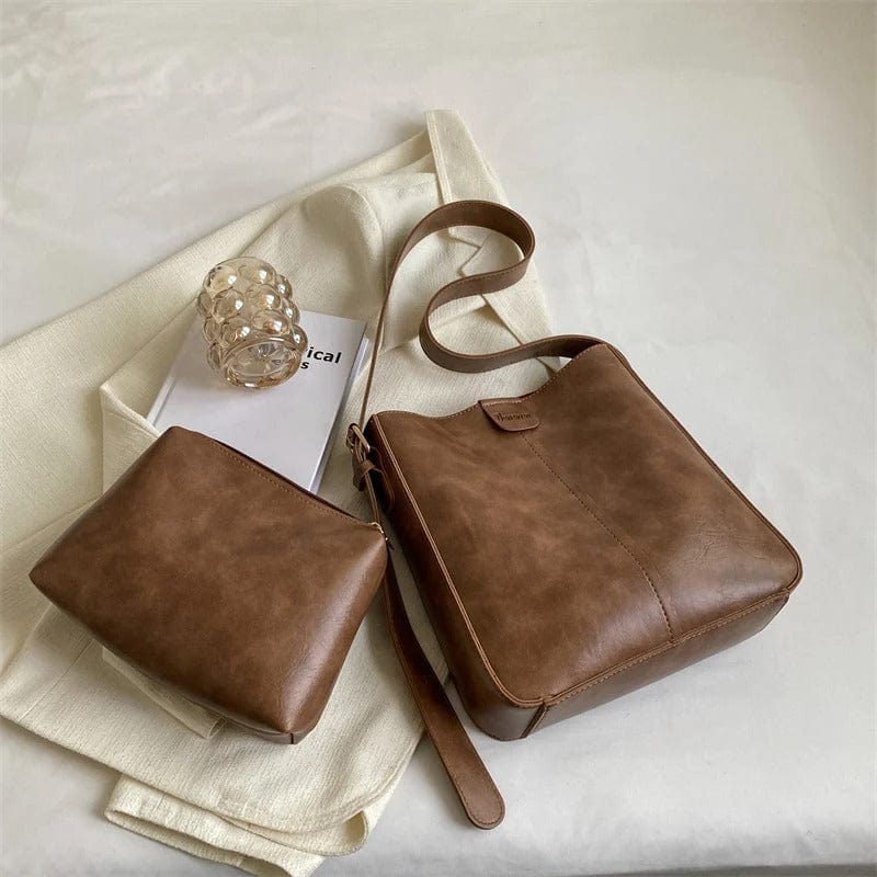 LEFTSIDE 2024 Retro Solid Color Leather Shoulder Bag - Stylish Korean Fashion