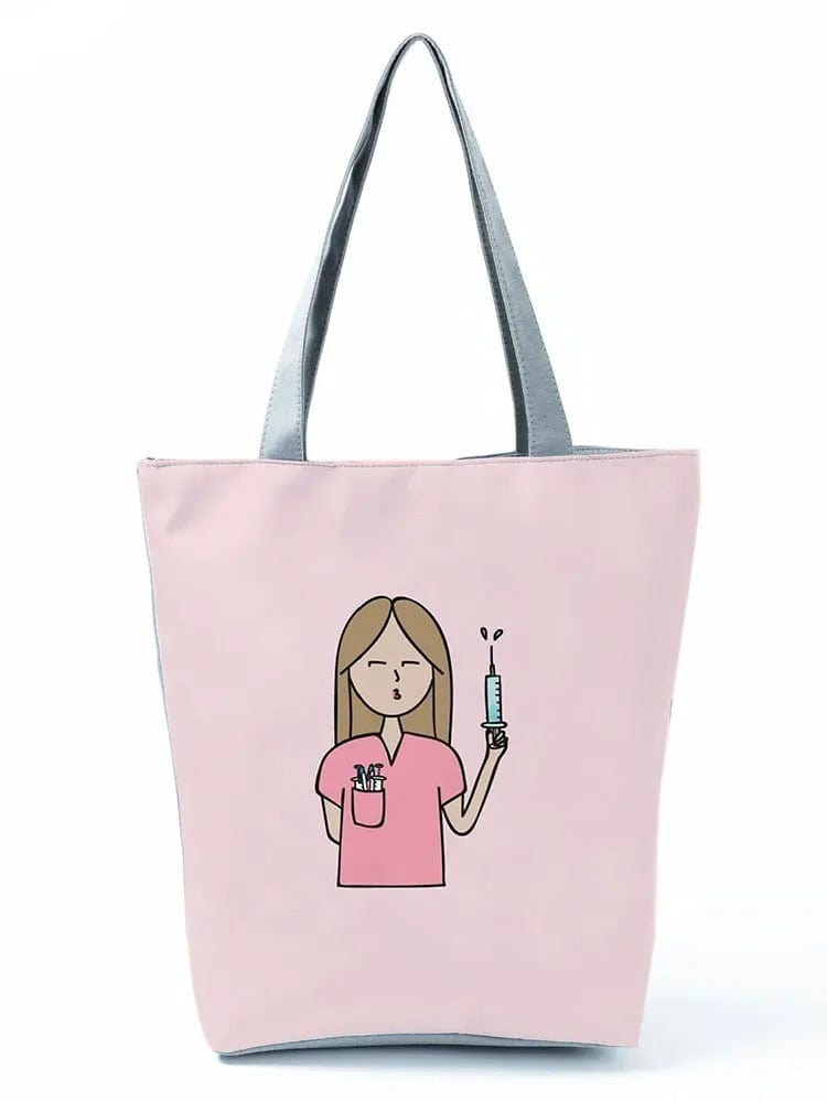 CartoonNurse Ladies Printed Handbag – Foldable High Capacity Eco Reusable Shoulder Bag for Travel & Shopping
