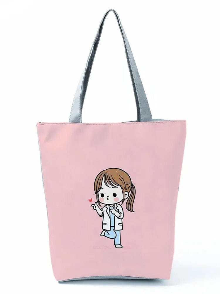 CartoonNurse Ladies Printed Handbag – Foldable High Capacity Eco Reusable Shoulder Bag for Travel & Shopping