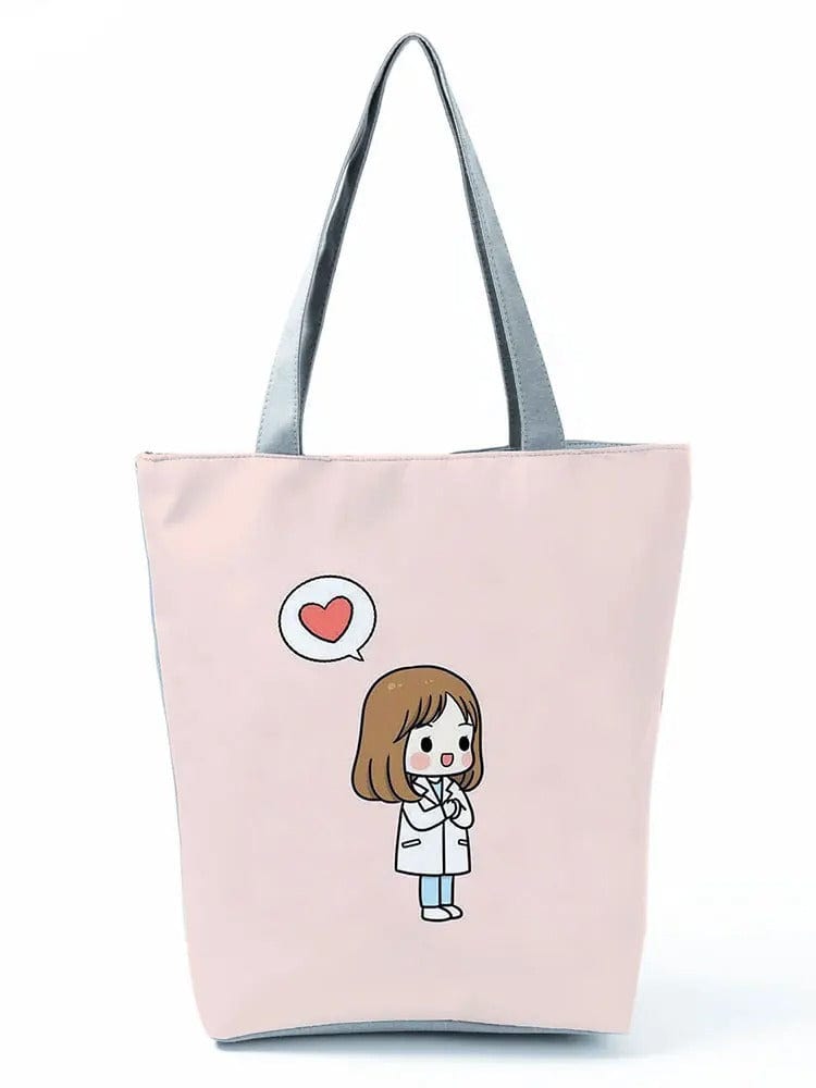 CartoonNurse Ladies Printed Handbag – Foldable High Capacity Eco Reusable Shoulder Bag for Travel & Shopping