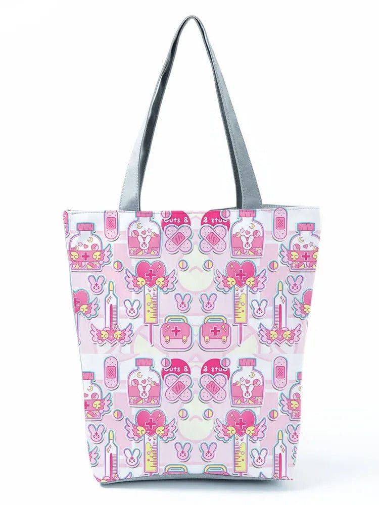 CartoonNurse Ladies Printed Handbag – Foldable High Capacity Eco Reusable Shoulder Bag for Travel & Shopping