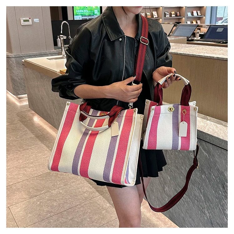 BXWJ Canvas Stripe Tote Bag – Vintage Shoulder & Crossbody Handbag, Large & Small Sizes,