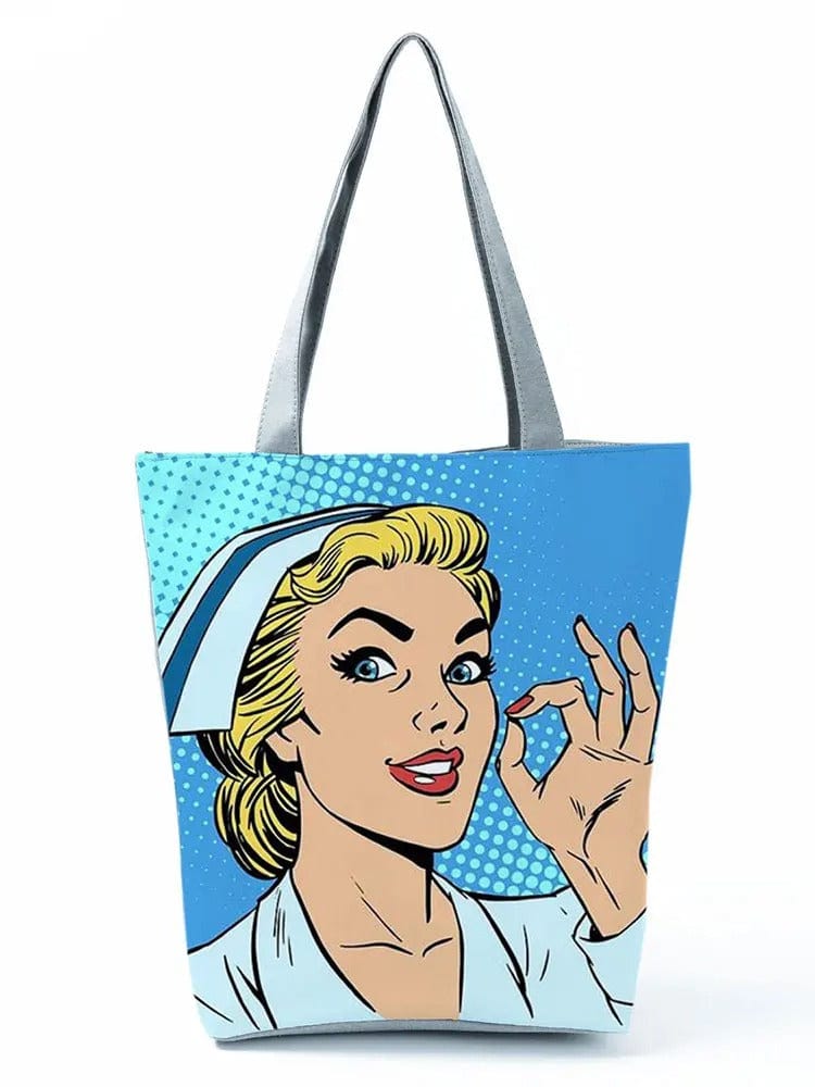 CartoonNurse Ladies Printed Handbag – Foldable High Capacity Eco Reusable Shoulder Bag for Travel & Shopping