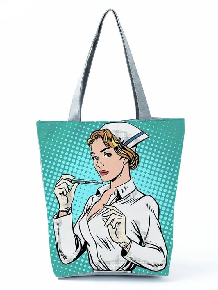 CartoonNurse Ladies Printed Handbag – Foldable High Capacity Eco Reusable Shoulder Bag for Travel & Shopping