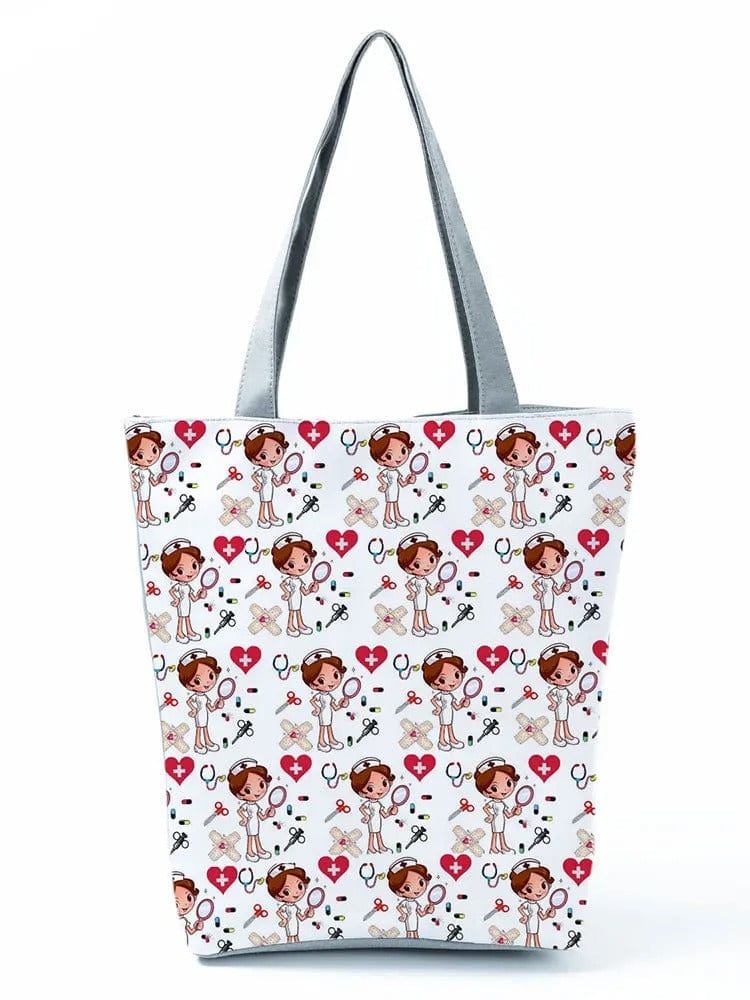 CartoonNurse Ladies Printed Handbag – Foldable High Capacity Eco Reusable Shoulder Bag for Travel & Shopping