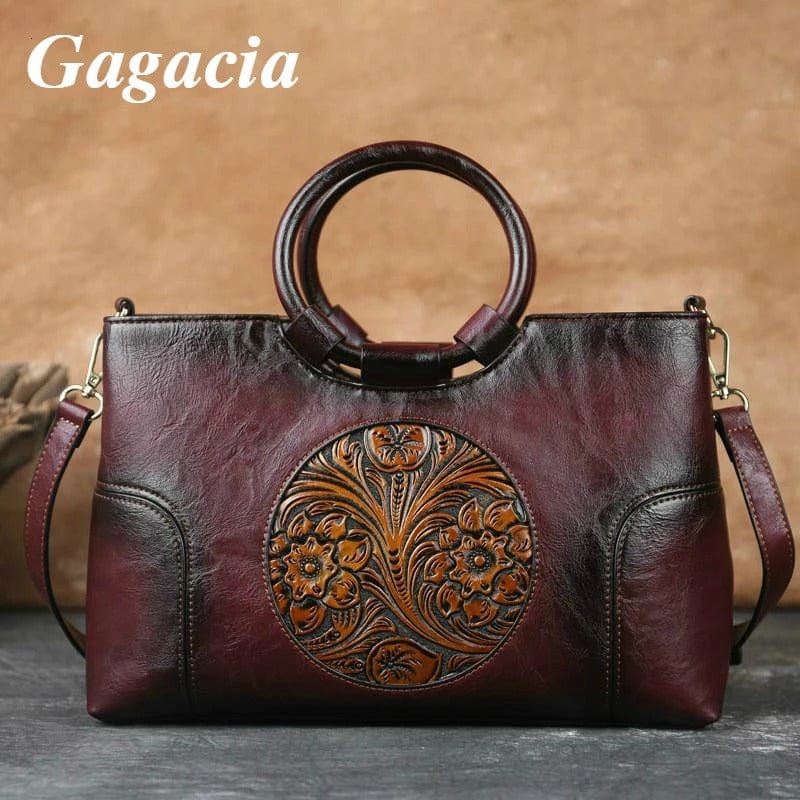 GAGACIA Chinese Style Embossed Leather Handbag – High-Quality Handmade Shoulder Bag for Women