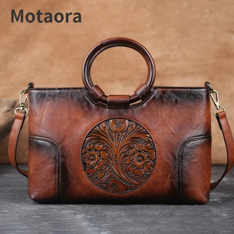Vintage Luxe Leather Women's Handbag - Retro Embossed Shoulder & Messenge