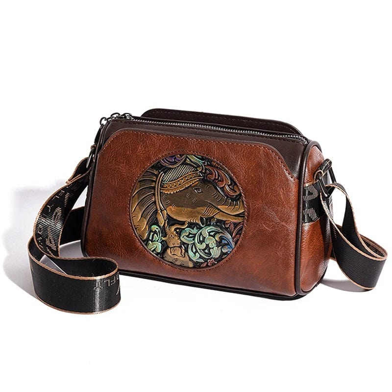 Women's Shoulder Bag with Elephant Embroidery – High-Quality Leather Messenger Bag