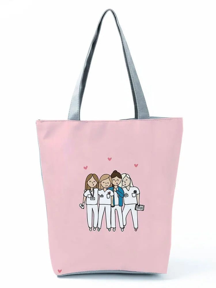 CartoonNurse Ladies Printed Handbag – Foldable High Capacity Eco Reusable Shoulder Bag for Travel & Shopping
