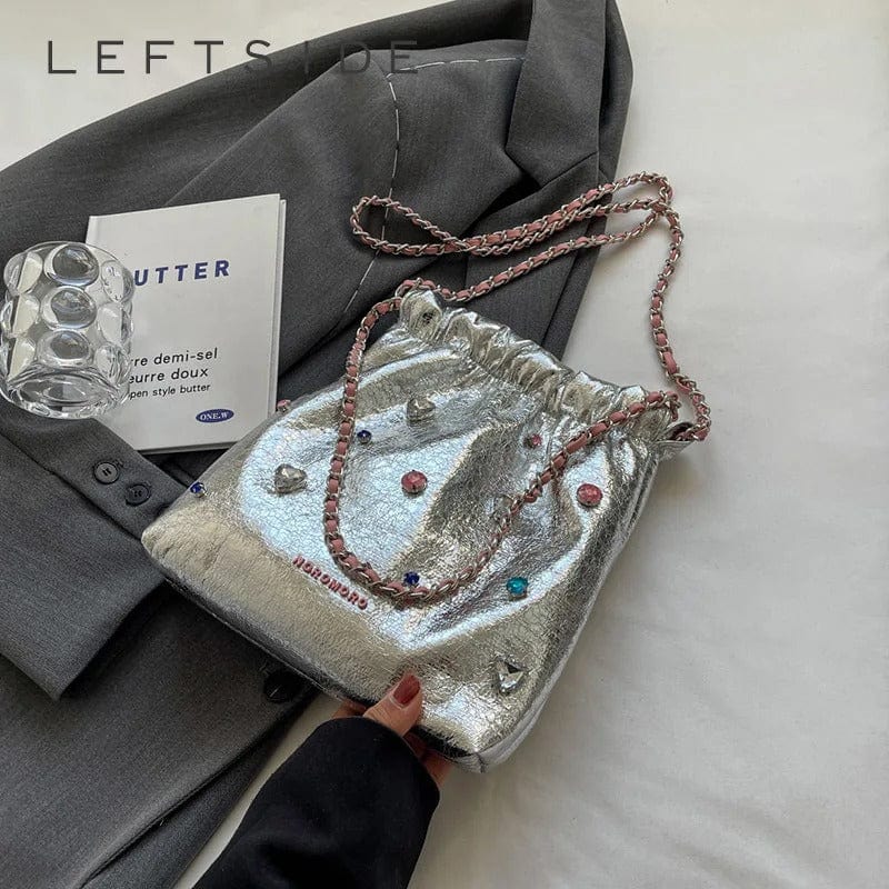 LEFTSIDE Luxury Silver Leather Crossbody Bag for Women – Diamonds Design, 2023