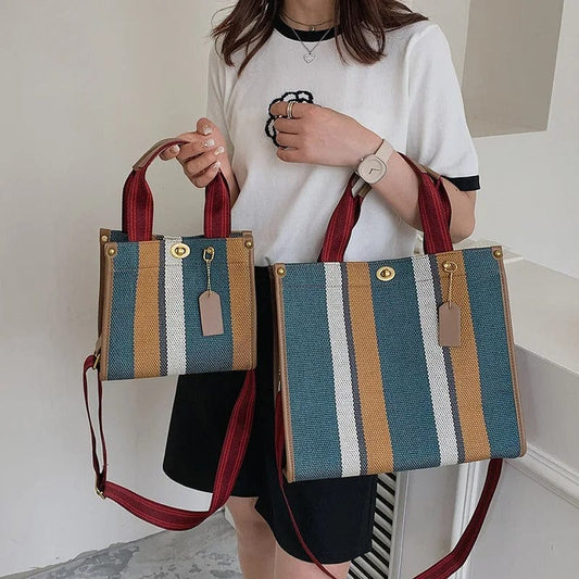 BXWJ Canvas Stripe Tote Bag – Vintage Shoulder & Crossbody Handbag, Large & Small Sizes,