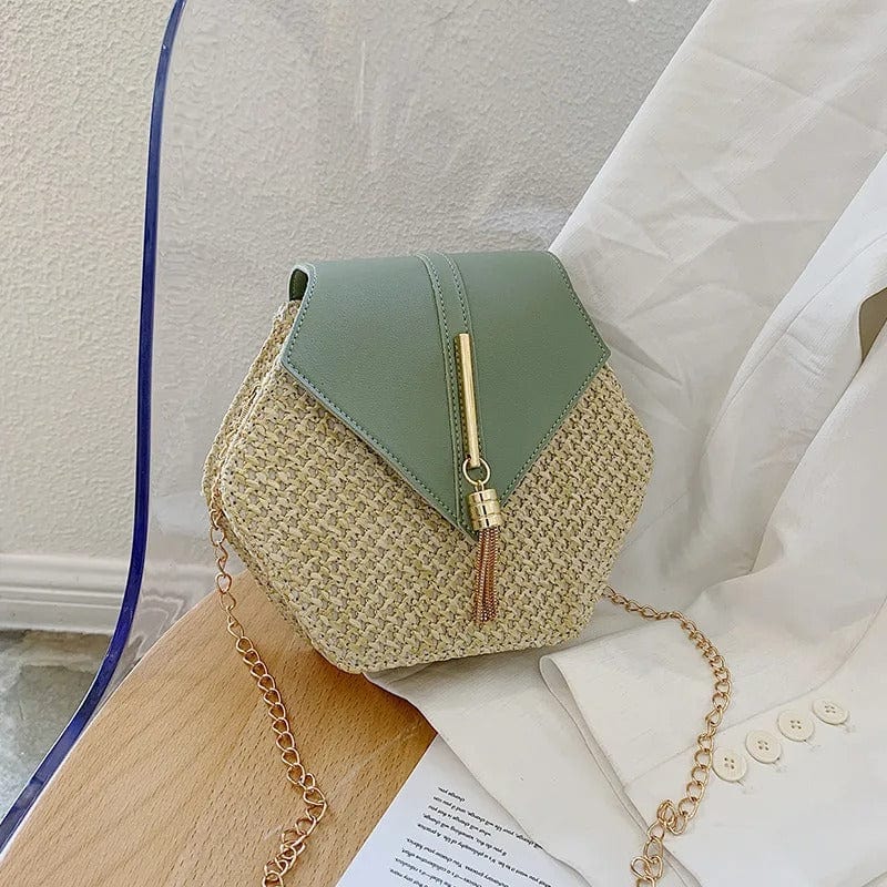 Handmade Straw & Leather Handbag for Women – Summer Rattan Beach Circle