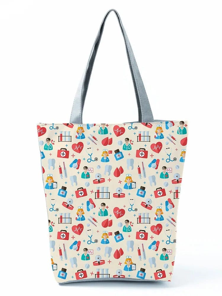 CartoonNurse Ladies Printed Handbag – Foldable High Capacity Eco Reusable Shoulder Bag for Travel & Shopping